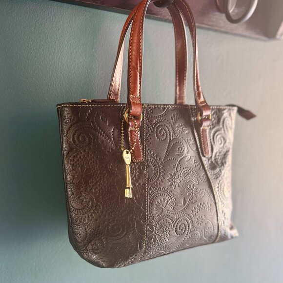 Fossil Black Embossed Leather Satchel - Picture 4 of 14